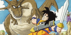 Rule 34 | 2boys, black hair, cape, clenched teeth, colored skin, crossed arms, dinosaur, dougi, dragon ball, dragonball z, drooling, green skin, holding, holding sword, holding weapon, male focus, multiple boys, official style, piccolo, sharp teeth, sheath, son gohan, susumu (rei-h-0701), sweat, sword, teeth, toriyama akira (style), turban, weapon, white cape, wristband