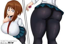 Rule 34 | 1girl, absurdres, artist name, ass, boku no hero academia, breasts, brown eyes, brown hair, highres, huge ass, large breasts, looking at viewer, lord lince, necktie, pantyhose, red necktie, school uniform, shirt, short hair, skirt, smile, solo, thick thighs, thighs, u.a. school uniform, uraraka ochako, white background, white shirt