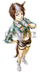 1girl absurdres animal_ears belt black_shorts blue_eyes blue_neckerchief blush boots breasts brown_shirt collared_shirt commentary_request cropped_jacket ear_ornament ear_piercing full_body gloves hands_up highres horse_ears horse_girl horse_tail jacket looking_at_viewer medium_breasts mejiro_ryan_(umamusume) midriff multicolored_hair navel neckerchief open_clothes open_jacket open_mouth piercing ruukii_drift sample_watermark shirt short_hair short_shorts shorts simple_background smile solo standing streaked_hair tachi-e tail thigh_belt thigh_strap tied_shirt umamusume watermark white_background white_footwear white_gloves white_hair white_shirt