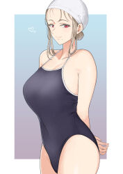 Rule 34 | 1girl, arms behind back, blue one-piece swimsuit, blush, breasts, cleavage, collarbone, covered navel, gradient background, grey hair, hair bun, heart, highres, huge breasts, light smile, looking at viewer, mature female, mole, mole under mouth, one-piece swimsuit, original, red eyes, school swimsuit, sidelocks, simple background, single hair bun, solo, swim cap, swimsuit, tsurui