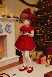 Rule 34 | 1girl, alkemanubis, bow, box, brown hair, candle, christmas ornaments, christmas tree, dress, fireplace, gift, gift box, green eyes, hair bow, highres, indoors, looking at viewer, original, pantyhose, picture frame, red bow, red dress, red footwear, room, roomscape, shoes, short hair, short sleeves, smile, solo, standing, white pantyhose