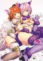 Rule 34 | 2girls, animal ears, ass, bare shoulders, blush, boots, claw pose, claws, commentary request, cosplay, fang, fate/grand order, fate (series), fujimaru ritsuka (female), fur-trimmed gloves, fur-trimmed legwear, fur trim, gloves, grey legwear, hair between eyes, hair ornament, hair scrunchie, hand up, high heels, koyuki (kotatsu358), looking at viewer, mash kyrielight, mash kyrielight (dangerous beast), mash kyrielight (dangerous beast) (cosplay), multiple girls, navel, o-ring, o-ring top, official alternate costume, open mouth, orange hair, pink hair, purple hair, revealing clothes, ribbon, ribbon trim, scrunchie, shiny skin, smile, stomach, thigh boots, thighhighs, thighs, yellow eyes
