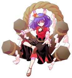 Rule 34 | 1girl, alphes (style), anklet, dairi, full body, hair ornament, highres, jewelry, leaf, leaf hair ornament, crossed legs, long skirt, looking at viewer, maple leaf, onbashira, outstretched arms, parody, purple hair, red eyes, rope, sandals, shimenawa, sitting, skirt, smile, solo, style parody, tachi-e, touhou, transparent background, tunic, yasaka kanako