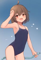 Rule 34 | 1girl, ahoge, artist name, blue background, breasts, brown hair, centi mnkt, cowboy shot, gradient background, highres, holding, holding hose, hose, light blue background, new school swimsuit, one-piece swimsuit, original, red eyes, school swimsuit, short hair, sidelocks, simple background, small breasts, standing, swimsuit, twitter username, water drop