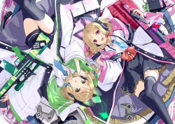 Rule 34 | 2girls, animal ear headphones, blonde hair, blue archive, bow, cat ear headphones, chamu (chammkue), controller, fake animal ears, from above, game controller, green eyes, gun, hair bow, halo, headphones, highres, holding, holding weapon, jacket, lying, midori (blue archive), momoi (blue archive), multiple girls, necktie, nintendo switch, on back, pink eyes, pleated skirt, rifle, shirt, short hair, siblings, sisters, skirt, twins, weapon