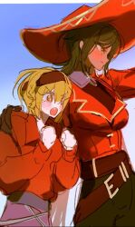 Rule 34 | 2girls, belt, blonde hair, blush, braid, breasts, brown belt, brown eyes, brown hair, clenched hands, closed mouth, cowboy shot, don quixote (project moon), gold trim, hairband, hands up, hat, highres, huyj cl, jacket, limbus company, long sleeves, medium breasts, medium hair, multiple girls, outis (project moon), pirate, project moon, puffy long sleeves, puffy sleeves, red hairband, red headwear, red jacket, short hair, sketch, smile, wing collar, yellow eyes