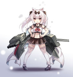 Rule 34 | 1girl, absurdres, animal ears, azur lane, black bow, bow, cat ears, fang, hair bow, highres, long hair, looking at viewer, midriff, navel, open mouth, rigging, sailor collar, silver hair, skirt, smile, solo, standing, suspenders, tachi-e, thighhighs, twintails, yukikaze (azur lane)