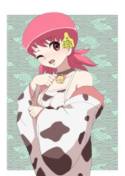 Rule 34 | 1girl, animal print, bell, blush, commentary request, cow print, cowbell, cowboy shot, creatures (company), ear tag, game freak, halterneck, highres, japanese clothes, kimono, long sleeves, looking at viewer, low twintails, makoto daikichi, medium hair, neck bell, nintendo, off shoulder, one-piece swimsuit, one eye closed, partial commentary, pink eyes, pink hair, pokemon, pokemon gsc, print kimono, print swimsuit, solo, standing, swimsuit, swimsuit under clothes, twintails, white kimono, white one-piece swimsuit, whitney (pokemon), wide sleeves