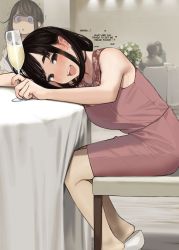 Rule 34 | 1boy, 3girls, bare shoulders, black hair, blouse, blue eyes, blurry, blurry background, blush, breasts, brown eyes, brown hair, chair, champagne flute, cup, douki-chan (douki-chan), dress, drinking glass, drunk, ear blush, english text, faceless, faceless female, foreshortening, formal, from side, ganbare douki-chan, hard-translated, holding, holding cup, indoors, jewelry, kouhai-chan (douki-chan), long hair, looking at another, looking at viewer, medium breasts, mole, multiple girls, necklace, no nose, open mouth, pantyhose, pearl necklace, pink shirt, pink skirt, see-through, see-through legwear, shaded face, shirt, sitting, skirt, sleeveless, sleeveless shirt, smile, table, tablecloth, teeth, thick eyebrows, third-party edit, translated, trembling, triangle mouth, upper teeth only, white footwear, wide-eyed, yomu (sgt epper)