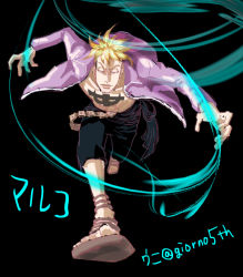 Rule 34 | 1boy, blonde hair, blue fire, fire, male focus, marco (one piece), one piece, open clothes, open shirt, purple shirt, running, sandals, shirt, simple background, solo, tattoo
