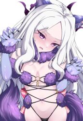 Rule 34 | 1girl, ahoge, animal ear fluff, animal ears, back bow, bare shoulders, bikini, blue archive, blush, bow, breasts, breasts apart, claw pose, claws, commentary, cosplay, cowboy shot, demon horns, elbow gloves, embarrassed, fake animal ears, fake tail, fang, fate/grand order, fate (series), forehead, full-face blush, fur-trimmed gloves, fur bikini, fur collar, fur trim, gloves, grey hair, hands up, head tilt, highres, hina (blue archive), horns, long hair, looking at viewer, mash kyrielight, mash kyrielight (dangerous beast), mash kyrielight (dangerous beast) (cosplay), medium breasts, navel, o-ring, o-ring bikini, open mouth, parted bangs, purple eyes, purple fur, purple gloves, purple tail, red bow, revealing clothes, sidelocks, simple background, slit pupils, solo, swimsuit, tail, tsurime, v-shaped eyebrows, very long hair, wavy hair, wavy mouth, white background, wolf ears, wolf tail, yamichi (yamichi8369)