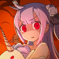 Rule 34 | &gt;:o, 1girl, :o, alternate eye color, angry, azur lane, carrying, collarbone, commentary, detached sleeves, doll, dress, explosion, hair ornament, horns, long hair, looking at viewer, netachou, purple hair, red eyes, side ponytail, single horn, solo, stuffed winged unicorn, unicorn, unicorn (azur lane), v-shaped eyebrows