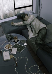 Rule 34 | 1boy, black hair, black necktie, black pants, book, cellphone, christmas lights, closed mouth, commentary, cookie, couch, cup, cushion, drinking glass, english commentary, closed eyes, feet out of frame, food, from above, highres, indoors, ishida (segu ishida), long sleeves, lying, male focus, necktie, notebook, on couch, on side, original, pants, pen, phone, shirt, short hair, sleeping, smartphone, solo, tablet pc, undone necktie, white shirt, window