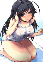 Rule 34 | 10s, 1girl, bare shoulders, black hair, blue eyes, blush, breasts, cleavage, girls und panzer, isuzu hana, large breasts, long hair, looking at viewer, name tag, one-piece swimsuit, pool, school swimsuit, shinshin, sitting, smile, solo, swimsuit, wariza, water, white school swimsuit, white one-piece swimsuit