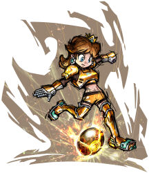 Rule 34 | 1girl, absurdres, armor, ball, blue eyes, brown hair, chest armor, crop top, crown, earrings, flower earrings, gauntlets, highres, jewelry, long hair, mario (series), mario strikers charged, masanori sato, midriff, nintendo, official art, orange shorts, princess daisy, shorts, shoulder armor, third-party source