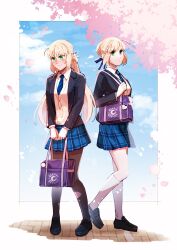 Rule 34 | 2girls, ahoge, artoria caster (fate), artoria pendragon (all), artoria pendragon (bloom in spring) (fate), artoria pendragon (fate), bag, bag charm, black footwear, black jacket, blazer, blonde hair, blue necktie, blue ribbon, blue skirt, blush, border, braid, breasts, chaldea logo, charm (object), cherry blossoms, fate/grand order, fate (series), fou (fate), french braid, green eyes, heel up, herringbone, highres, jacket, kneehighs, loafers, long hair, looking at viewer, md5 mismatch, medium breasts, multiple girls, necktie, outdoors, outside border, pantyhose, pavement, petals, plaid, plaid skirt, pleated skirt, revision, ribbon, saber (fate), school bag, school uniform, shirt, shoes, skirt, smile, socks, standing, striped necktie, sweat, vest, white border, white shirt, yamano udumi, yellow vest