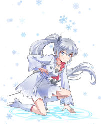 Rule 34 | 1girl, blue eyes, flat chest, glyph, highres, iesupa, myrtenaster, ponytail, rwby, scar, scar across eye, scar on face, snowflake background, snowflakes, solo, weiss schnee, white background, white hair