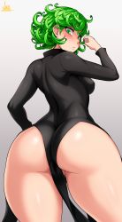 Rule 34 | 1girl, absurdres, ass, ass focus, bare legs, bare shoulders, blush, breasts, cameltoe, covered erect nipples, curvy, embarrassed, from behind, green eyes, green hair, highres, huge ass, jmg, looking at viewer, looking back, no panties, one-punch man, partially visible vulva, pussy, pussy peek, shiny skin, simple background, skin tight, small breasts, solo, standing, tatsumaki, thick thighs, thighs, wide hips
