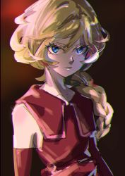 Rule 34 | 1girl, aged up, blonde hair, blue eyes, braid, braided ponytail, carol malus dienheim, closed mouth, commentary request, highres, long hair, looking at viewer, senki zesshou symphogear, simple background, thundergotch