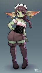 Rule 34 | 1girl, arm at side, artist name, bare shoulders, black choker, black footwear, blush, boots, braid, braided ponytail, breasts, brown hair, brown skirt, choker, closed mouth, colored skin, corset, earrings, female focus, female goblin, frilled choker, frills, full body, goblin, gradient background, green skin, grey background, hair tie, hand on own hip, high heels, highres, jewelry, large ears, long hair, looking at viewer, maid headdress, miniskirt, multiple earrings, off-shoulder shirt, off shoulder, original, pencil skirt, pointy ears, purple eyes, shirt, short sleeves, sidelocks, signature, simple background, single braid, single wrist cuff, skirt, small breasts, solo, standing, stud earrings, telepurte, thigh boots, thighhighs, white shirt, wrist cuffs, zettai ryouiki