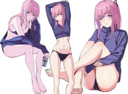 Rule 34 | 1girl, 3 small spiders, absurdres, barefoot, bikini, black bikini bottom, blush, can, commentary request, feet, feet out of frame, girls&#039; frontline, highres, holding, holding can, jacket, knees up, legs, linea alba, long hair, long sleeves, looking at viewer, multicolored hair, multiple views, navel, pink hair, purple bikini, purple hair, purple jacket, simple background, smile, st ar-15 (girls&#039; frontline), streaked hair, swimsuit, toenails, toes, two-tone hair, white background