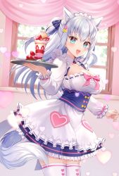 Rule 34 | 1girl, :d, alternate costume, animal ear fluff, animal ears, apron, blue eyes, blue skirt, blush, bow, breasts, commentary request, enmaided, frilled apron, frilled skirt, frills, hair between eyes, hair ornament, heart, heart hair ornament, holding, holding tray, indoors, large breasts, long hair, long sleeves, looking at viewer, maid, maid headdress, momoshiki tsubaki, noripro, official art, open mouth, parfait, pink bow, pleated skirt, shirayuki mishiro, shirayuki mishiro channel, silver hair, skirt, smile, solo, standing, tail, thighhighs, tray, two side up, very long hair, virtual youtuber, white apron, white thighhighs, window