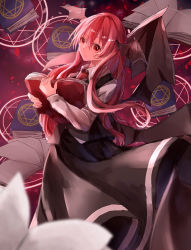 Rule 34 | 1girl, bat wings, black skirt, black vest, blurry, blurry foreground, book, depth of field, expressionless, eyebrows hidden by hair, feet out of frame, hair between eyes, head wings, hexagram, holding, holding book, koakuma, long hair, long sleeves, looking at viewer, magic circle, mizudori (msarasoju), necktie, open book, parted lips, petals, purple background, red eyes, red hair, red necktie, shirt, simple background, skirt, solo, star of david, touhou, very long hair, vest, white shirt, wing collar, wings