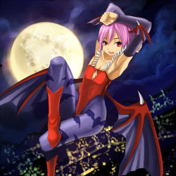 Rule 34 | 1girl, animal print, armpits, arms up, bat print, bat wings, blue pantyhose, boots, capcom, detached sleeves, eiji (eiji), flat chest, flying, from below, full moon, head wings, leotard, lilith aensland, moon, night, pantyhose, print pantyhose, purple hair, red eyes, red leotard, short hair, solo, vampire (game), wings