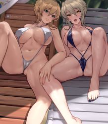 Rule 34 | 2girls, absurdres, ahoge, areola slip, artoria pendragon (fate), artoria pendragon (lancer) (fate), artoria pendragon (lancer alter) (fate), barefoot, beach chair, black nails, black one-piece swimsuit, black vs white, blonde hair, braid, breasts, cameltoe, cleft of venus, dual persona, facial mark, fate/grand order, fate (series), female focus, green eyes, hair between eyes, hair bun, hat, unworn hat, unworn headwear, highres, large breasts, lying, multiple girls, nail polish, navel, on back, one-piece swimsuit, open mouth, parted lips, queasy s, sidelocks, stomach, strap gap, sun hat, swimsuit, thighs, toenail polish, toenails, twitter username, white one-piece swimsuit, yellow eyes