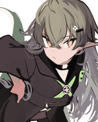 Rule 34 | 1girl, arknights, black jacket, brown eyes, closed mouth, crocodilian tail, gavial (arknights), green hair, hair between eyes, hair ornament, hairclip, highres, jacket, leaning forward, long hair, looking at viewer, simple background, solo, standing, tail, tetuw, very long hair, white background