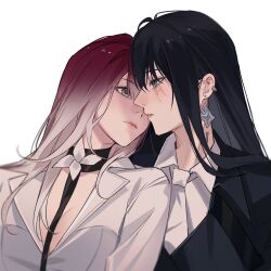 Rule 34 | 2girls, black choker, black coat, black hair, breasts, chinese commentary, choker, cleavage, closed mouth, coat, collared shirt, commentary request, earrings, flower, gradient hair, grey eyes, highres, jewelry, long hair, miix777, multicolored hair, multiple girls, necktie, parted lips, path to nowhere, rahu (path to nowhere), red hair, scar, scar across eye, shalom (path to nowhere), shirt, simple background, smile, upper body, white background, white flower, white hair, white necktie, white shirt, yuri