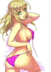 Rule 34 | 1girl, aqua eyes, ass, bags under eyes, bikini, blonde hair, breasts, butt crack, hand on neck, looking at viewer, looking back, mustard seeds, original, parted lips, sideboob, simple background, solo, strap gap, swimsuit, untied, white background, yuuji (and)