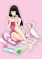 Rule 34 | 1girl, barefoot, bird, book, breasts, brown hair, camisole, character cutout, cockatiel, drink, closed eyes, feet, lipstick, makeup, medium breasts, mito amatsu, nail polish, open book, original, pillow, pink background, pink camisole, pink theme, sitting, solo