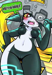 Rule 34 | blonde hair, blush, cameltoe, cleft of venus, colored sclera, colored skin, embarrassed, english text, glowing, glowing tattoo, hat, helmet, highres, iriomote umineko, looking at viewer, looking down, midna, multicolored skin, navel, nintendo, nipples, one eye covered, pussy, red eyes, speech bubble, tattoo, teeth, the legend of zelda, the legend of zelda: twilight princess, tongue, two-tone skin