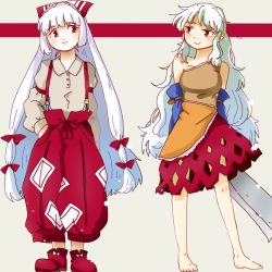 Rule 34 | 2girls, arm at side, armband, arms behind back, bad id, bad pixiv id, baggy pants, bare legs, bare shoulders, barefoot, beige blouse, blouse, bow, buttons, c:, closed mouth, collarbone, commentary request, detached sleeves, dress, footwear bow, fujiwara no mokou, full body, hair bow, hand in pocket, hatchet, holding, katowo, long hair, long sleeves, looking at another, looking to the side, medium dress, multicolored clothes, multicolored dress, multiple girls, nata (tool), ofuda, ofuda on clothes, pants, red eyes, red footwear, red pants, sakata nemuno, shirt, shoes, single strap, smile, suspenders, touhou, very long hair, white bow, white hair