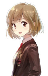 Rule 34 | 1girl, :d, absurdres, blazer, blush, bob cut, brown eyes, brown hair, brown jacket, commentary request, from side, highres, ishiyuki, jacket, long sleeves, looking at viewer, looking to the side, necktie, open clothes, open jacket, open mouth, pocket, red necktie, revision, sasaki (suzumiya haruhi), school uniform, shirt, short hair, simple background, smile, solo, suzumiya haruhi no yuuutsu, sweater vest, vest, white background, white shirt, yellow vest