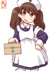 Rule 34 | apron, armband, artist logo, blue dress, box, brown eyes, brown hair, commentary request, cosplay, cowboy shot, dated, dress, first aid kit, hat, kanon (kurogane knights), kantai collection, little nurse, little nurse (cosplay), long hair, looking at viewer, mentholatum, nurse cap, one-hour drawing challenge, ryuujou (kancolle), simple background, white apron, white background, white headwear