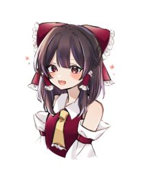 Rule 34 | 1girl, absurdres, bare shoulders, blush, bow, brown hair, collared dress, commentary request, detached sleeves, dress, eyes visible through hair, flower, frills, hair between eyes, hair bow, hair ornament, hair tubes, hakurei kaede, hakurei reimu, highres, long sleeves, looking at viewer, necktie, open mouth, pink flower, red bow, red dress, red eyes, short hair, simple background, smile, solo, touhou, upper body, white background, wide sleeves, yellow necktie