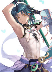 Rule 34 | 1boy, ahoge, animal, armor, armpits, arms up, bead necklace, beads, bishounen, bug, butterfly, covered navel, detached sleeves, diamond-shaped pupils, diamond (shape), eyes visible through hair, facial mark, film grain, genshin impact, gloves, green butterfly, green gloves, green hair, hair between eyes, highres, holding, holding polearm, holding weapon, insect, jade (gemstone), jewelry, male focus, multicolored hair, nasaniliu, necklace, parted lips, patterned, patterned clothing, pauldrons, polearm, shoulder armor, single pauldron, sleeveless, solo, spikes, streaked hair, symbol-shaped pupils, tight clothes, turtleneck, weapon, wide sleeves, xiao (genshin impact), yellow eyes