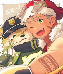 Rule 34 | 2boys, animal ears, armor, bara, blush, dog boy, facial hair, gomeisa (live a hero), green eyes, grey hair, hat, highres, hozu (hozumi), live a hero, looking at another, male focus, multiple boys, muscular, muscular male, one eye closed, open mouth, procy (live a hero), santa costume, santa hat, short hair, shoulder armor, smile, translation request