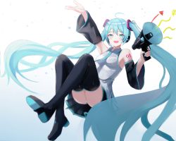 Rule 34 | absurdly long hair, absurdres, aqua eyes, aqua hair, aqua nails, aqua necktie, bare shoulders, black skirt, black sleeves, black thighhighs, boots, commentary, detached sleeves, full body, grey shirt, hair ornament, hand up, hatsune miku, headphones, headset, highres, holding, holding megaphone, kano (wi3028), long hair, looking at viewer, megaphone, miniskirt, nail polish, necktie, open mouth, outstretched arm, panties, pantyshot, pleated skirt, shirt, shoulder tattoo, skirt, sleeveless, sleeveless shirt, smile, solo, striped clothes, striped panties, supercell (band), tattoo, thigh boots, thighhighs, twintails, underwear, very long hair, vocaloid