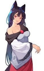 Rule 34 | 1girl, absurdres, alternate hair color, animal ears, black hair, breasts, brooch, collarbone, dress, fang, highres, imaizumi kagerou, jewelry, large breasts, long hair, long sleeves, off-shoulder dress, off shoulder, onion (onion and pi-natto), open mouth, red eyes, simple background, smile, solo, touhou, v-shaped eyebrows, white background, white dress, wide sleeves, wolf ears