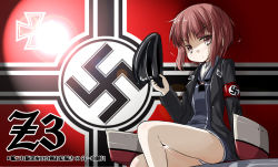Rule 34 | 10s, 1girl, armband, brown eyes, character name, hat, unworn hat, unworn headwear, holding, holding clothes, holding hat, inyucchi, kantai collection, military, military uniform, nazi, nazi flag, one-hour drawing challenge, panties, pantyshot, peaked cap, red hair, short hair, sitting, solo, swastika, underwear, uniform, white panties, z3 max schultz (kancolle)