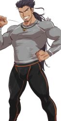 Rule 34 | 1boy, bara, black hair, bulge, facial hair, feet out of frame, goatee, grey shirt, grin, highres, jewelry, long hair, long sideburns, looking at viewer, male focus, mature male, muscular, muscular male, necklace, pants, pectorals, shigure rangetsu, shirako (kirupi), shirt, sideburns, smile, solo, tales of (series), tales of berseria, thighs, tight clothes, tight pants, tight shirt, track pants, unfinished, white background