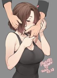 Rule 34 | 1girl, 2020, agawa ryou, bare shoulders, black tank top, bow, breasts, brown hair, cleavage, closed eyes, collarbone, commentary, dated, grey background, grey bow, heart, large breasts, original, short hair, simple background, solo focus, tank top