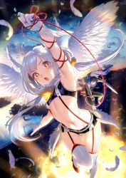 Rule 34 | 1girl, angel wings, arm up, armpits, breasts, feathers, garter straps, gloves, high heels, ikezaki misa, navel, open mouth, original, red eyes, red footwear, ribbon, short shorts, shorts, silver hair, small breasts, suspenders, thighhighs, twintails, white gloves, white thighhighs, wings