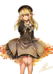 Rule 34 | 1girl, absurdres, beret, blonde hair, cardigan, choker, dark-skinned female, dark skin, dated, dress, elf, hat, highres, hololive, huge filesize, jeffrey10, leaf, legs, lips, long hair, looking at viewer, pinstripe dress, pinstripe pattern, pointy ears, shiranui flare, shiranui flare (street), sidelocks, signature, sitting, solo, striped clothes, striped dress, vertical-striped clothes, vertical-striped dress, virtual youtuber, yellow eyes