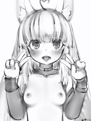 Rule 34 | 1girl, ahegao, ahoge, animal ears, bad id, bad pixiv id, bell, blush, breasts, collar, detached sleeves, double v, greyscale, hands up, heart, heart-shaped pupils, heart ahoge, highres, indie virtual youtuber, kotonoha yukino, long hair, long sleeves, looking at viewer, monochrome, nanashi (nlo), neck bell, nipples, simple background, small breasts, solo, symbol-shaped pupils, tongue, tongue out, upper body, v, virtual youtuber, white background