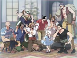 Rule 34 | 1girl, 6+boys, abs, alternate hairstyle, artist request, bald, belt, benn beckman, bonk punch, brown hair, building snake, child, dreadlocks, dress, eating, everyone, food, formal, full body, goggles, green hair, grin, happy, hat, highres, holding, hongou, howling gab, jolly roger, limejuice (one piece), long coat, lucky roux, manly, monkey, monster (one piece), multiple boys, muscular, one piece, open clothes, open shirt, pectorals, pirate, ponytail, red hair, red hair pirates, rockstar (one piece), sash, scar, shanks (one piece), shirt, short hair, simple background, smile, smoking, spiked hair, standing, striped clothes, striped shirt, sunglasses, tank top, traditional media, twintails, white hair, yasopp