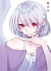 Rule 34 | 1girl, absurdres, alternate costume, color guide, dress, fingernails, grey dress, grey hair, hair between eyes, highres, kishin sagume, looking at viewer, mizore arius, nail polish, purple dress, purple nails, red eyes, short hair, solo, touhou, upper body, white background